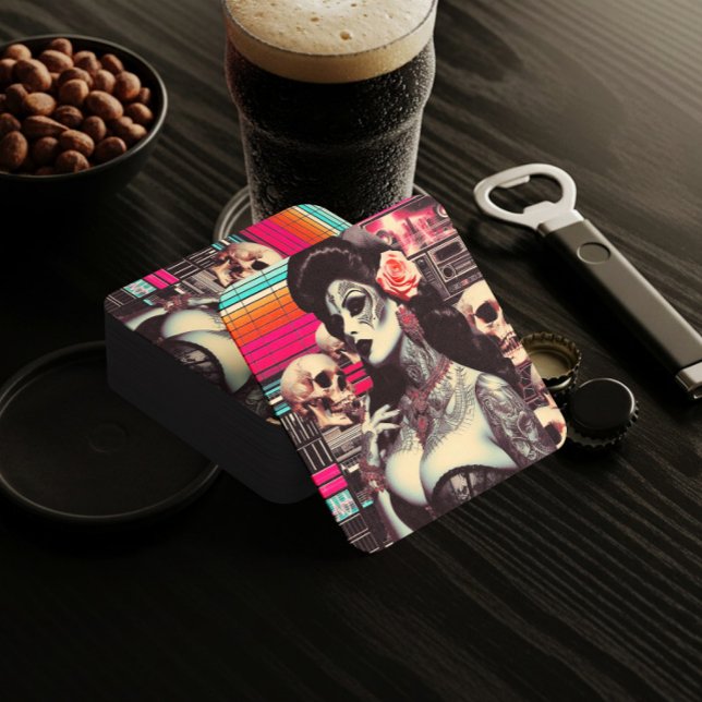 Synthwave Creepy Pin-up Square Paper Coaster (Creator Uploaded)