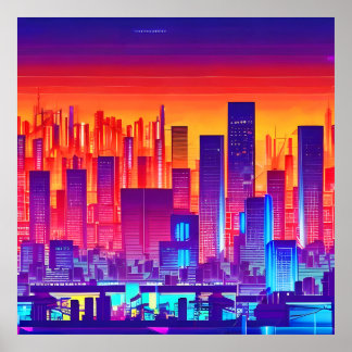 Synthwave/Cyberpunk City at Sunset Poster