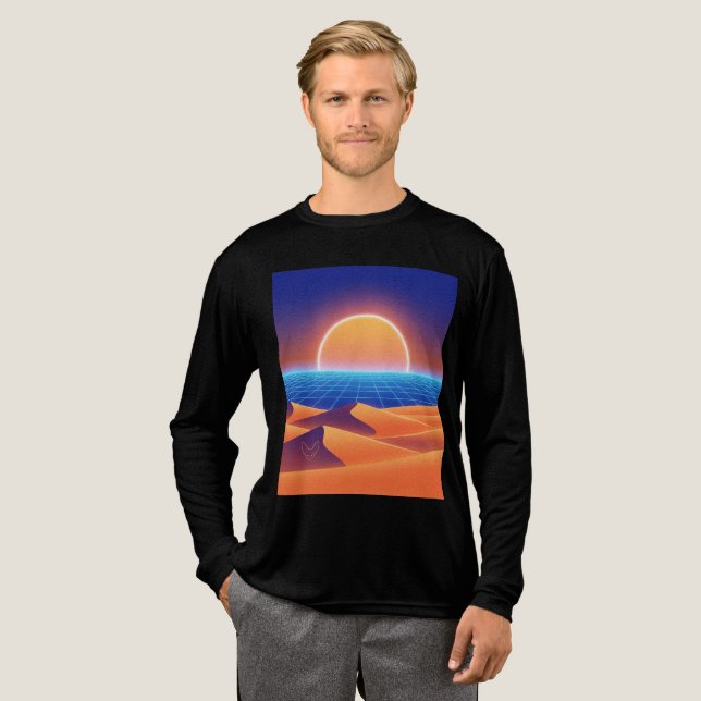 Synthwave Desert Sunset – Neon Fox Horizon Tri-Blend Shirt (Full Front)