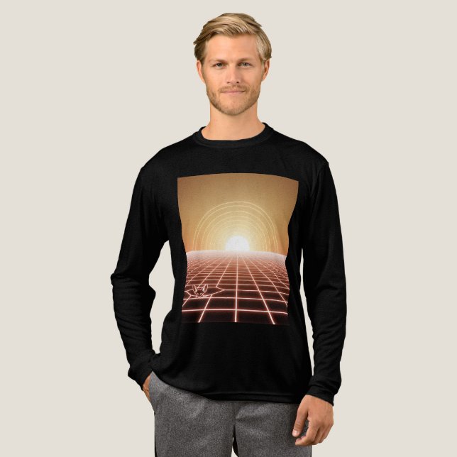Synthwave Desert Sunset – Neon Fox Horizon Tri-Blend Shirt (Full Front)