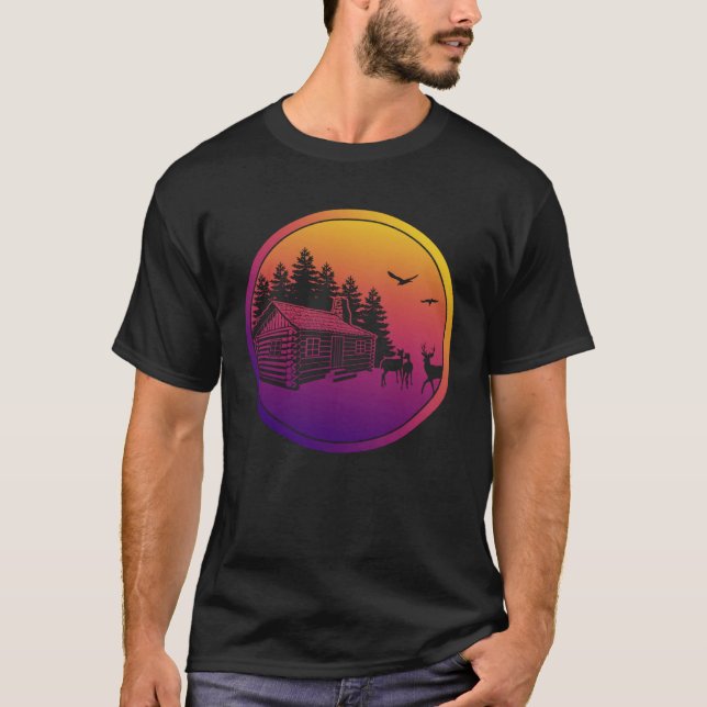 Synthwave Forest Retrowave Log Cabin T-Shirt (Front)