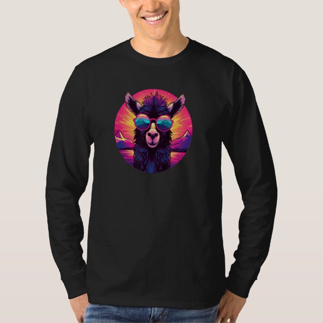 Synthwave Llama with Sunglasses Retro 80s T-Shirt (Front)