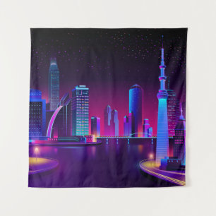 Synthwave Neon City ⛔ Vector art Tapestry