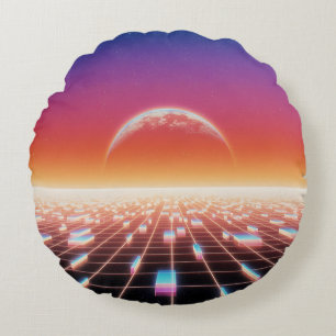 Synthwave Retro-Futuristic Landscape Round Cushion