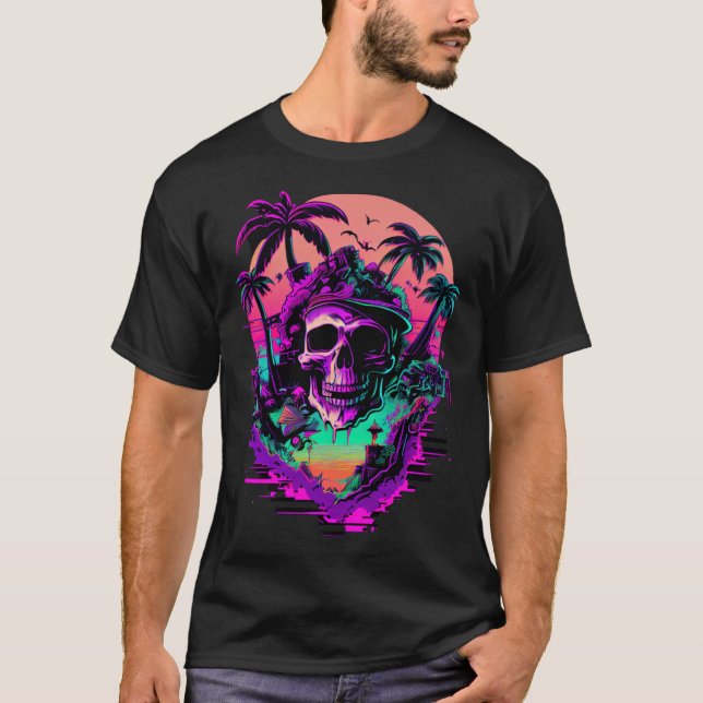 Synthwave Retrowave Pirate Skull Colourful Graphic T-Shirt (Front)