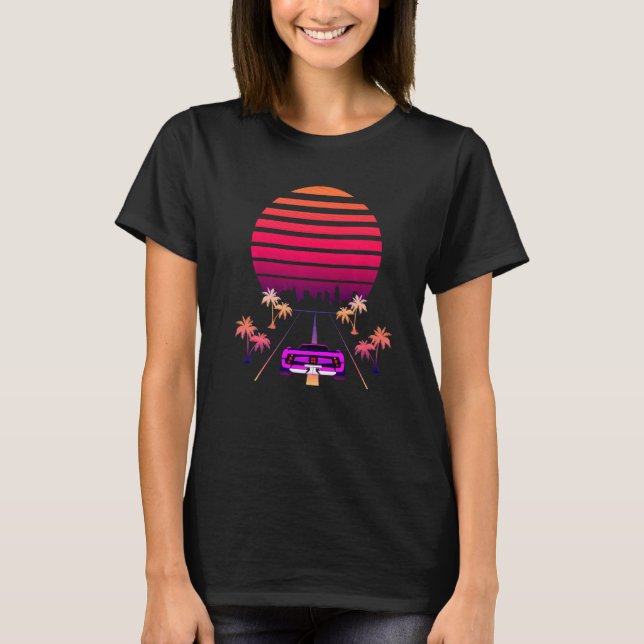 Synthwave Sunset And Retro 80s Sport Fast Car T-Shirt (Front)