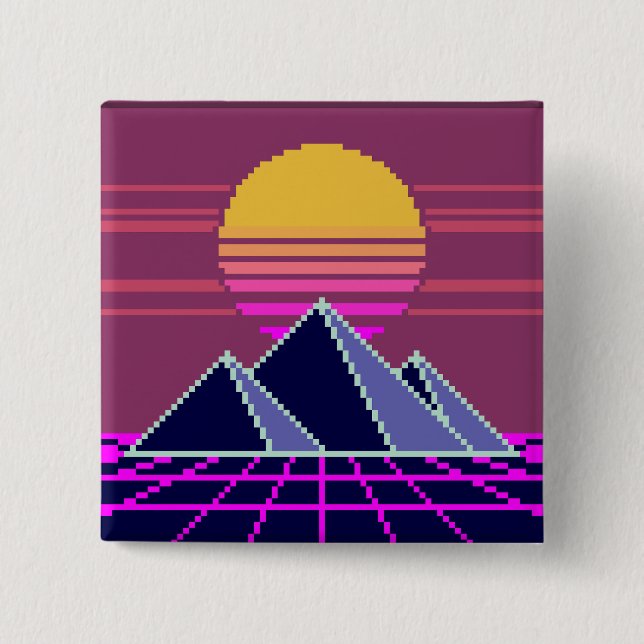 Synthwave sunset over pyramids pixel art Button (Front)