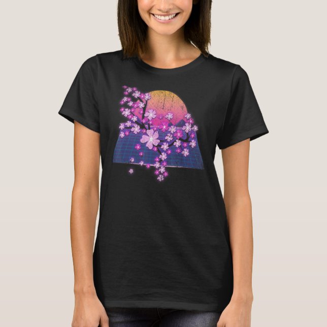 Synthwave Sunset Sakura Flower 90s Vaporwave Cherr T-Shirt (Front)