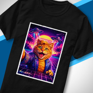 Synthwave UFO Cat Portrait 80s Retro Futuristic T-Shirt