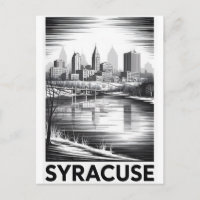Syracuse New York Skyline Black White Woodcut