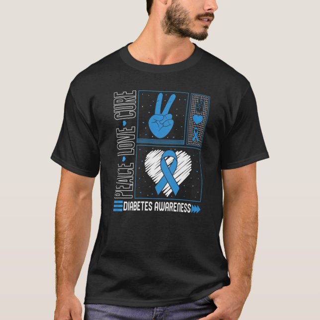 T1d Diabetes Awareness Month Peace Love Cure Blue  T-Shirt (Front)