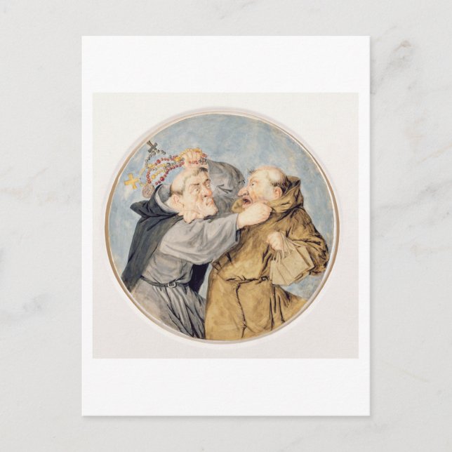T31130 Two Monks Fighting, 1690 (w/c, ink, chalk) Postcard (Front)
