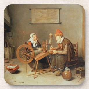 T31883 An interior with a old woman at a spinning Coaster