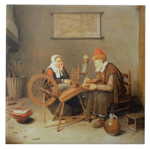 T31883 An interior with a old woman at a spinning Tile
