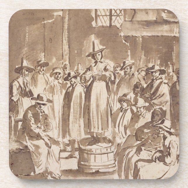 T34029 A Quaker Prayer Meeting (pen & ink on paper Coaster (Front)