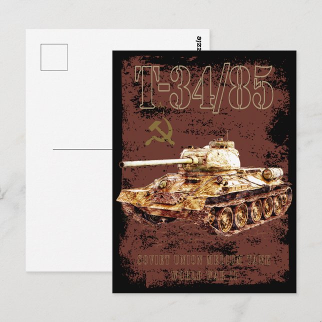 T-34-85 Soviet Union Medium Tank of WWII and Flag Postcard (Front/Back)