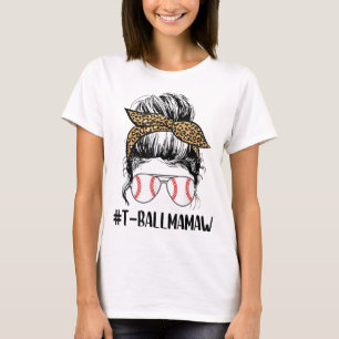 T-ball Mamaw Life Messy Bun Leopard Print Softball T-Shirt