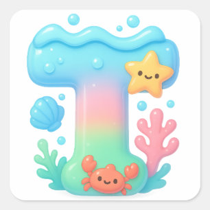 "T" Cute Letter - Underwater Sea Creature Square Sticker