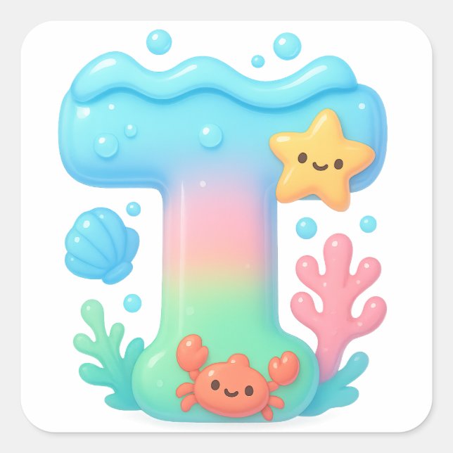 "T" Cute Letter - Underwater Sea Creature  Square Sticker (Front)