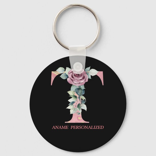 T Floral Monogram Name Letters Pink Agate Keychain (Front)