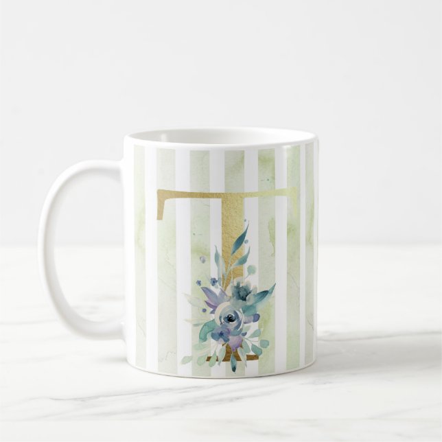 T  golden initial blue and white stripes, coffee mug (Left)
