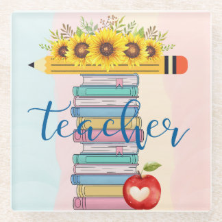 T is for Teacher Floral Pencil Books Apple Glass Coaster
