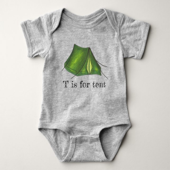 T is for Tent Green Camp Camping Tent Alphabet Baby Bodysuit (Front)