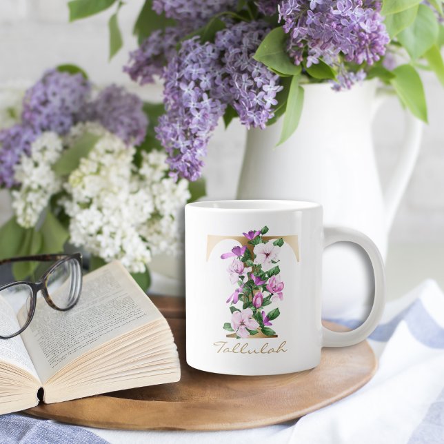 T Letter Gold Monogram White Magenta Purple Floral Large Coffee Mug (Creator Uploaded)