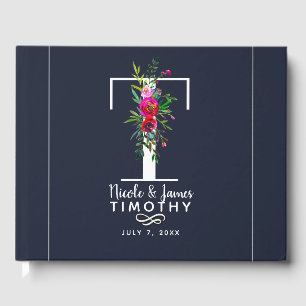 T Letter Initial Monogram Floral Name Wedding Guest Book