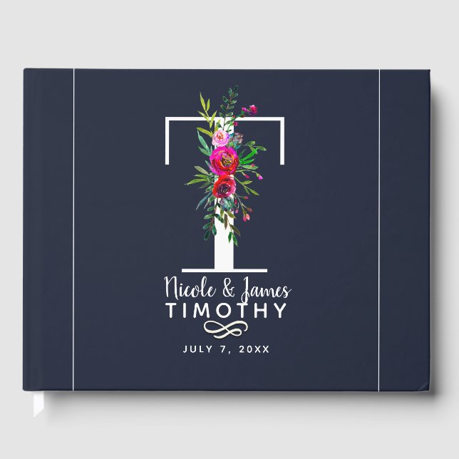 T Letter Initial Monogram Floral Name Wedding Guest Book (Front)