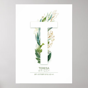 T Letter Monogram Gold Greenery Foliage Chic Poster