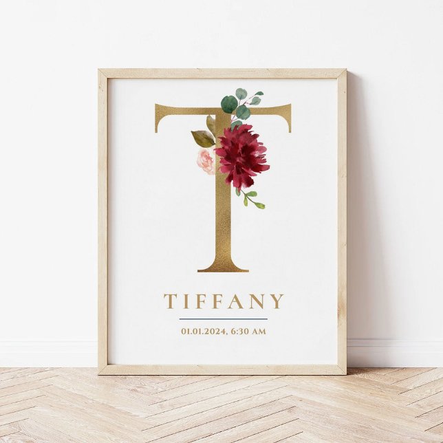 T Letter Monogram Name Marsala Floral Nursery Poster (Creator Uploaded)