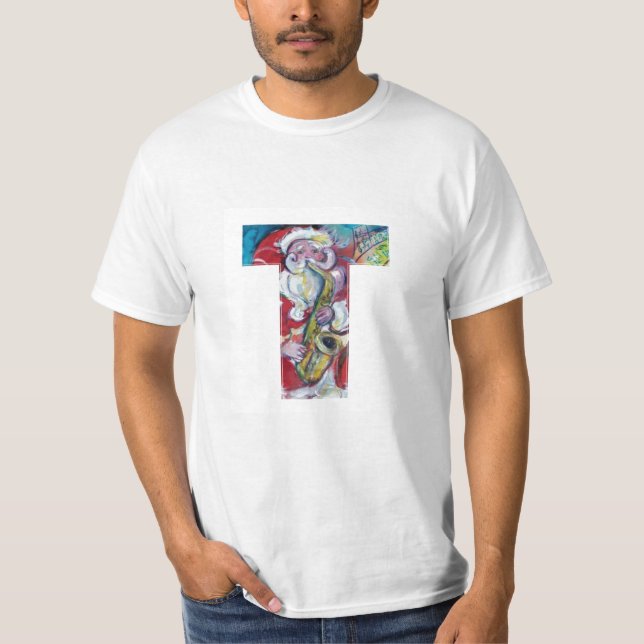 T LETTER /SANTA AND SAX, CHRISTMAS PARTY MONOGRAM T-Shirt (Front)