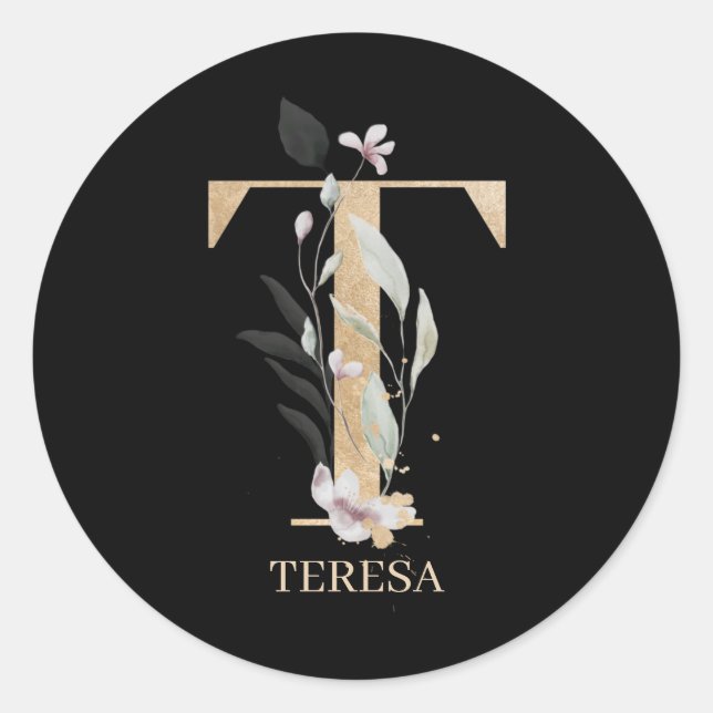 T Monogram Floral Personalised Classic Round Sticker (Front)