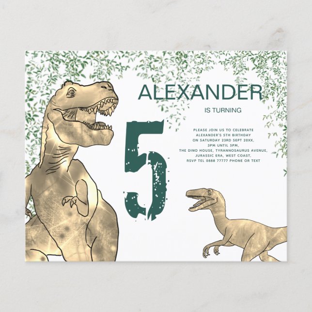 T Rex 5th Birthday Party Budget Invitation Green Flyer (Front)