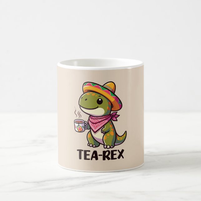 T-Rex: A Funny and Cute Dinosaur Drinking Tea Coffee Mug (Center)