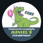 T-Rex and Balloon Dinosaur Kids Birthday Party Classic Round Sticker<br><div class="desc">Cute party favours for kids,  boys or girls who love dinosaurs and t-rex. Perfect for kids birthday party,  party favours and thank you label. You can also customised the text for baby shower or other occasion and party.</div>