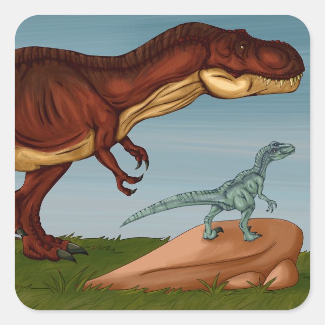 T-Rex and Velociraptor Square Sticker (Front)
