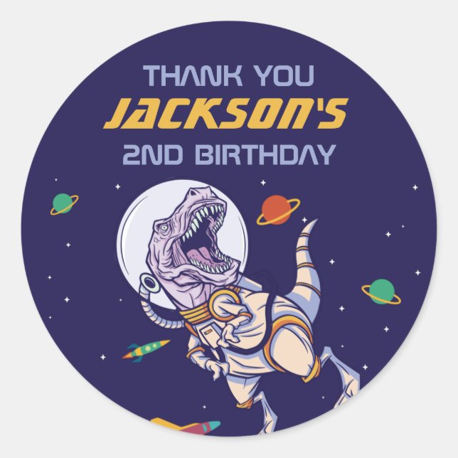 T-Rex Astronaut Outer Space Kids Birthday Party Classic Round Sticker (Front)