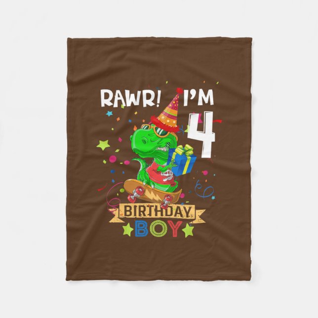 T rex Boy 4 Year Old 4th Birthday Boy Party Raw Fleece Blanket (Front)