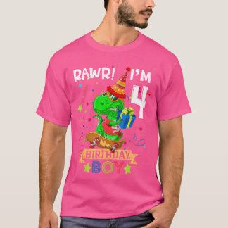 T Rex Boy 4 Year Old 4Th Birthday Boy Party Raw I' T-Shirt