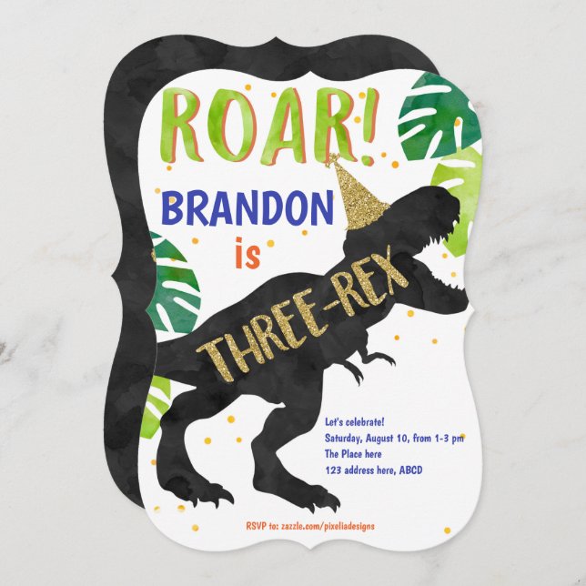 T-Rex, Boy, Third Birthday, Dinosaur Invitation (Front/Back)