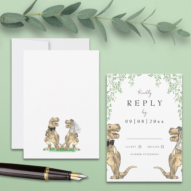 T-Rex Bride and Groom Dinosaur Wedding Reply RSVP Card (Dinosaur theme wedding invitation rsvp enclosure card with eucalyptus watercolor botanicals)