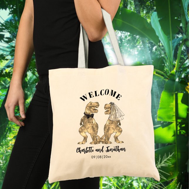 T-Rex Bride and Groom Dinosaur Wedding Welcome Tote Bag (Dinosaur themed wedding welcome favor tote with funny T-Rex bride and groom)