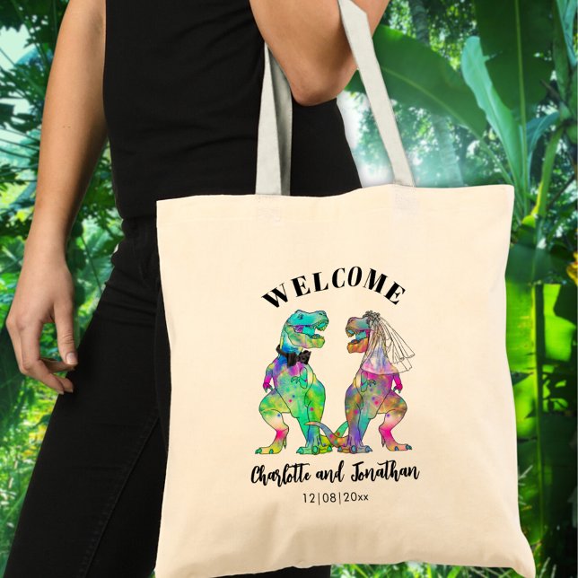 T-Rex Bride and Groom Dinosaur Wedding Welcome Tote Bag (Colorful T-Rex bride and groom dinosaur themed wedding welcome tote bag)