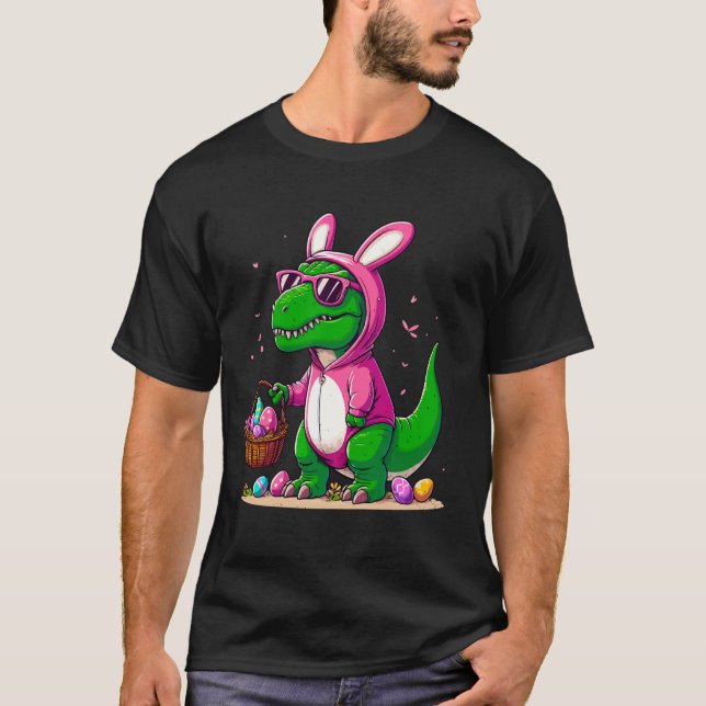 T-rex Bunny Ears Egg Hunt Easter Dinosaur Spring H T-Shirt (Front)