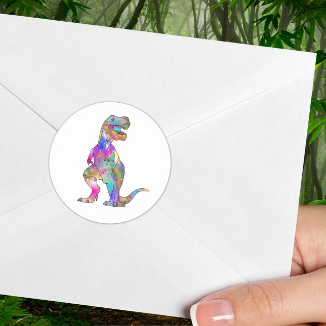 T-Rex Colorful Dinosaur Classic Round Sticker (T-Rex colorful dinosaur sticker fun prehistoric psychedelic dino illustration )