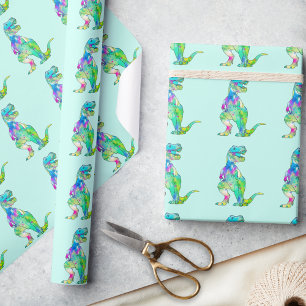 T-Rex Colourful Dinosaur Pattern Green Wrapping Paper