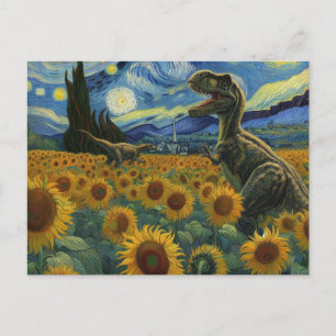 T-Rex Dinos in Van Gogh Starry Night Sunflowers Postcard