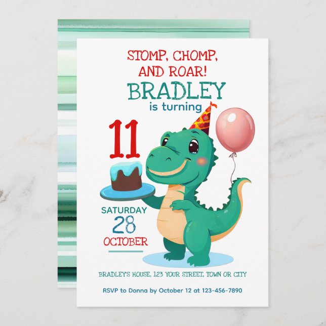 T Rex Dinosaur 11th Birthday Party Invitation (Front/Back)
